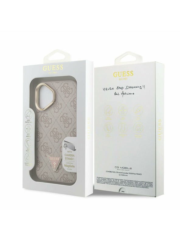 Guess Guess PU 4G Strass Dreiecks-Logo Ständer Kamera-Rahmen MagSafe Rückseite Hülle für iPhone 16 Rosa