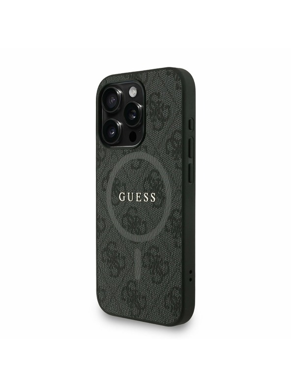 Guess Guess PU Leder 4G Farbiger Ring Riemen MagSafe Rückseite Hülle für iPhone 15 Pro Max Schwarz