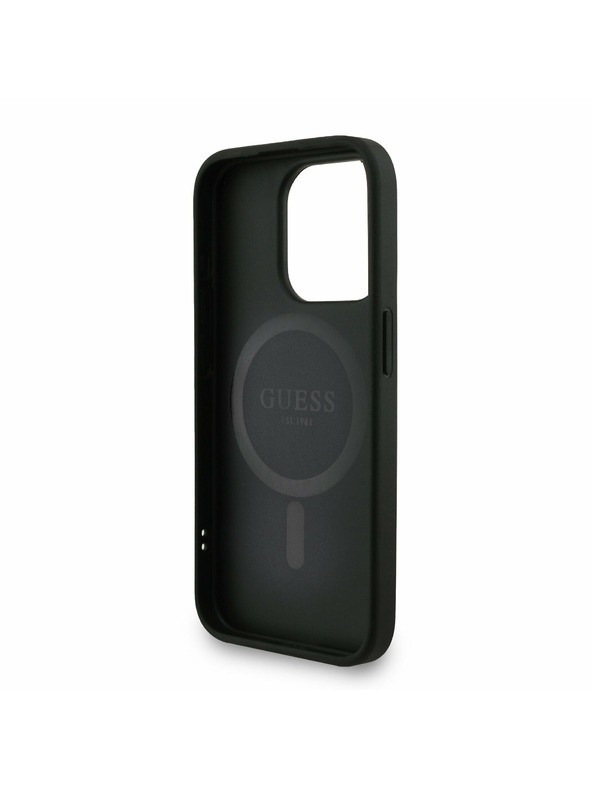 Guess Guess PU Leder 4G Farbiger Ring Riemen MagSafe Rückseite Hülle für iPhone 15 Pro Max Schwarz