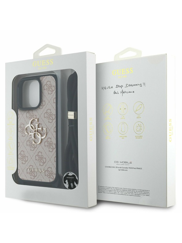 Guess Guess PU 4G Metall-Logo Umhängeband Rückseite Hülle für iPhone 15 Pro Max Pink