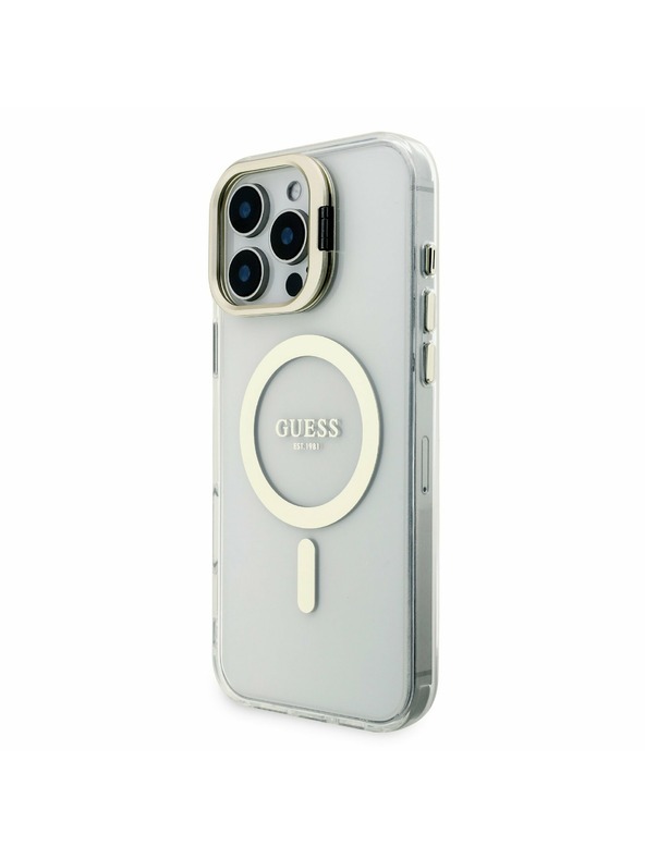 Guess Guess PC/TPU Verchromter Stand Kamera Rahmen MagSafe Rückseite Hülle mit auswechselbarem Hintergrund für iPhone 16 Pro Max