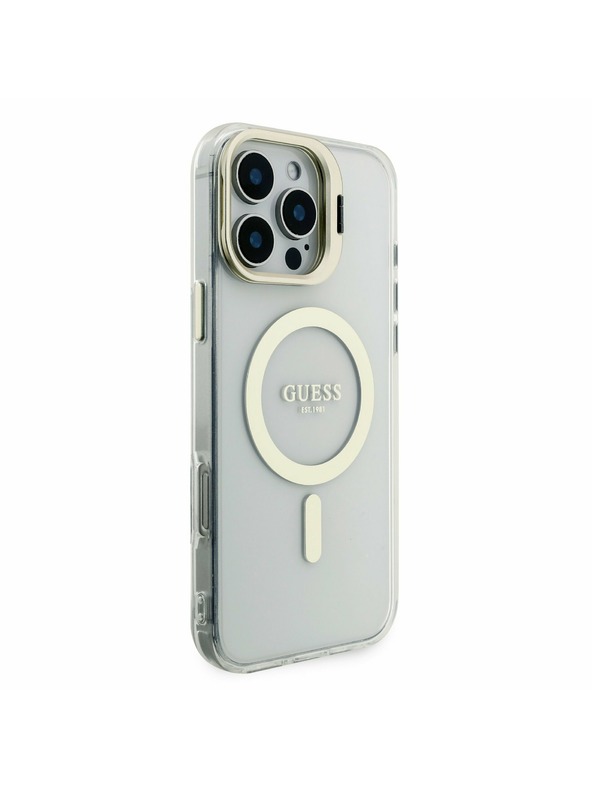 Guess Guess PC/TPU Verchromter Stand Kamera Rahmen MagSafe Rückseite Hülle mit auswechselbarem Hintergrund für iPhone 16 Pro Max