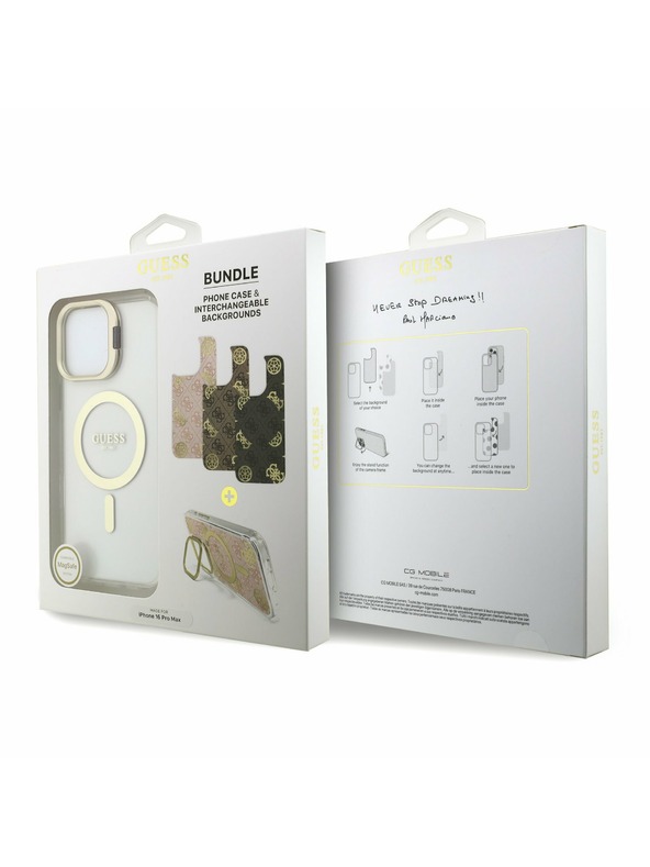 Guess Guess PC/TPU Verchromter Stand Kamera Rahmen MagSafe Rückseite Hülle mit auswechselbarem Hintergrund für iPhone 16 Pro Max