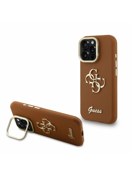 Guess Guess PU Genarbte 4G Logo Stand Kamera Rahmen Rückseite Hülle für iPhone 16 Pro Max Braun