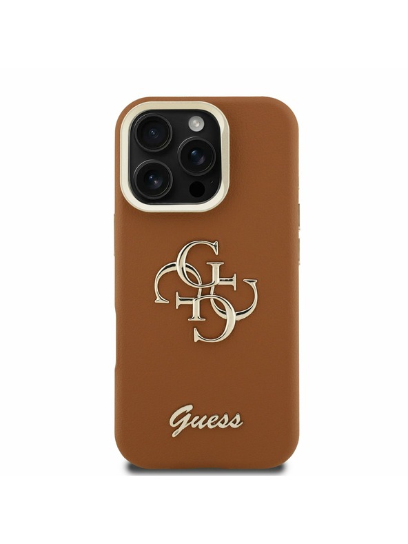 Guess Guess PU Genarbte 4G Logo Stand Kamera Rahmen Rückseite Hülle für iPhone 16 Pro Max Braun