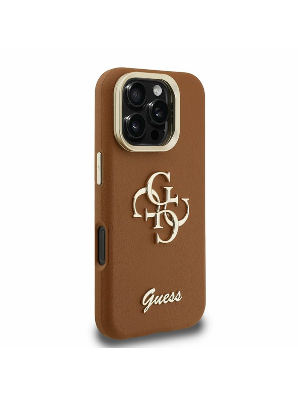 Guess Guess PU Genarbte 4G Logo Stand Kamera Rahmen Rückseite Hülle für iPhone 16 Pro Max Braun