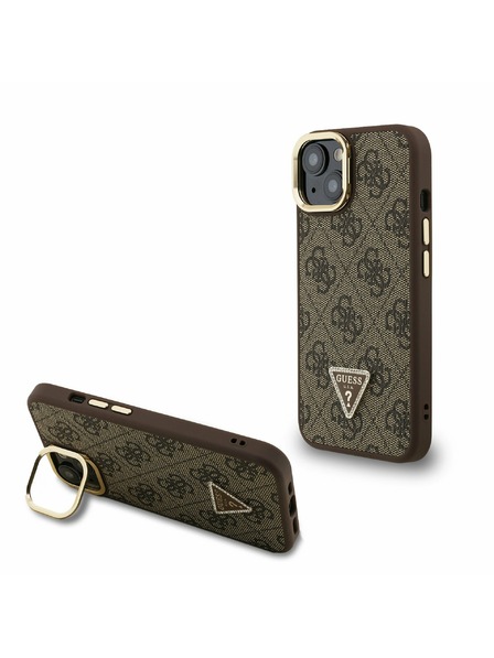 Guess Guess PU 4G Strass Dreiecks-Logo Stand Kamera Rahmen MagSafe Rückseite Hülle für iPhone 14 Braun