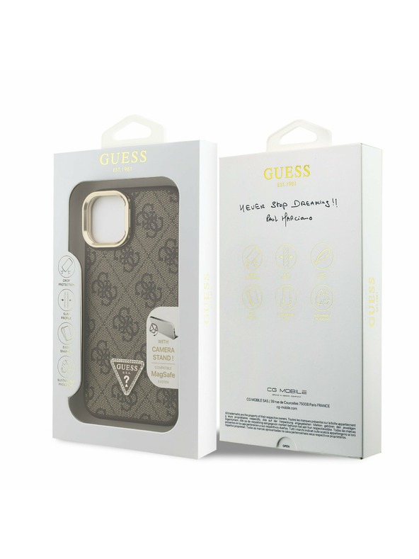 Guess Guess PU 4G Strass Dreiecks-Logo Stand Kamera Rahmen MagSafe Rückseite Hülle für iPhone 14 Braun