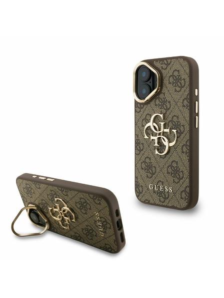 Guess Guess PU 4G Metall-Logo Stand Kamera Rahmen Rückseite Hülle für iPhone 16 Braun
