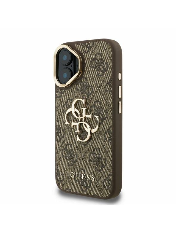 Guess Guess PU 4G Metall-Logo Stand Kamera Rahmen Rückseite Hülle für iPhone 16 Braun