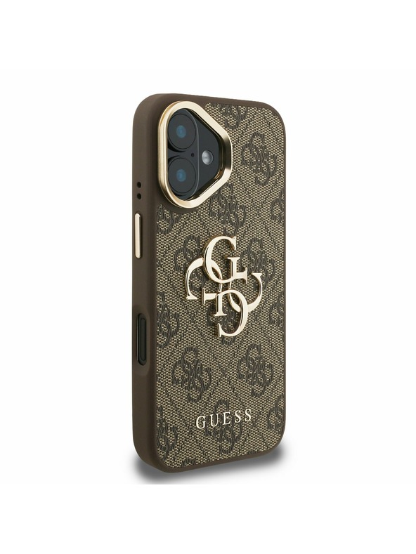 Guess Guess PU 4G Metall-Logo Stand Kamera Rahmen Rückseite Hülle für iPhone 16 Braun