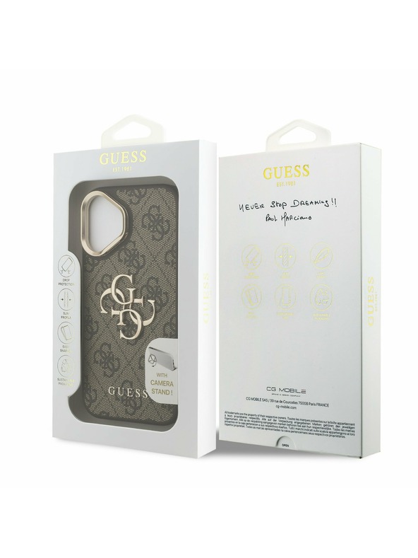 Guess Guess PU 4G Metall-Logo Stand Kamera Rahmen Rückseite Hülle für iPhone 16 Braun