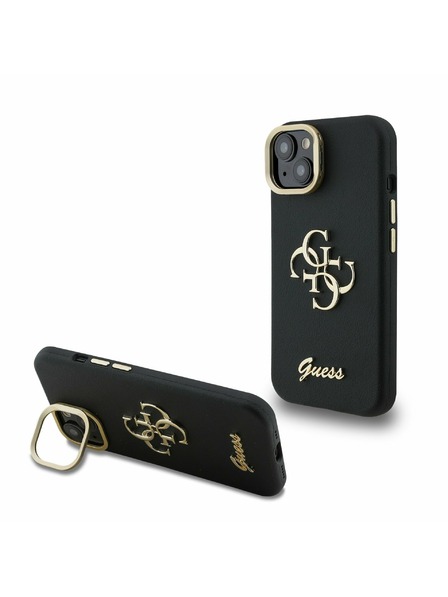 Guess Guess PU Genarbte 4G Logo Stand Kamera Rahmen Rückseite Hülle für iPhone 14 Schwarz