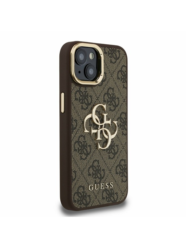 Guess Guess PU 4G Metall-Logo Stand Kamera Rahmen Rückseite Hülle für iPhone 14 Braun