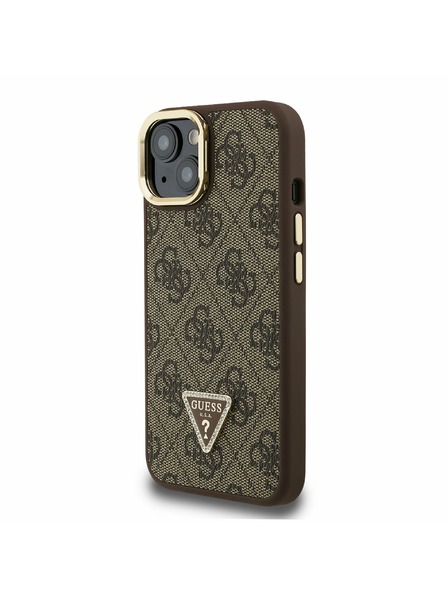 Guess Guess PU 4G Strass Dreiecks-Logo Stand Kamera Rahmen MagSafe Rückseite Hülle für iPhone 15 Braun