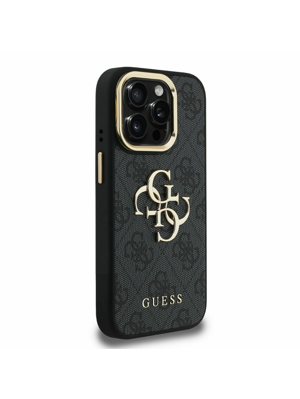 Guess Guess PU 4G Metall-Logo Stand Kamera Rahmen Rückseite Hülle für iPhone 15 Pro Max Schwarz