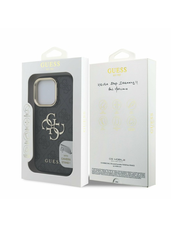 Guess Guess PU 4G Metall-Logo Stand Kamera Rahmen Rückseite Hülle für iPhone 15 Pro Max Schwarz