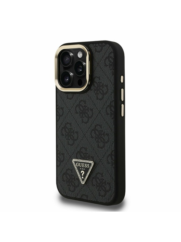 Guess Guess PU 4G Strass Dreiecks-Logo Stand Kamera Rahmen MagSafe Rückseite Hülle für iPhone 16 Pro Schwarz
