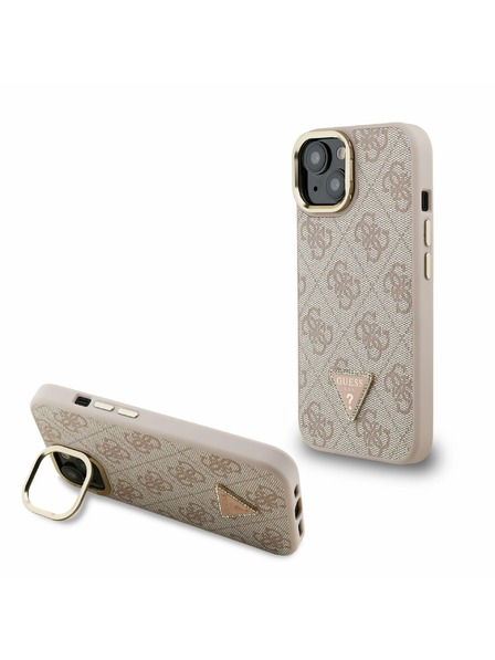 Guess Guess PU 4G Strass Dreiecks-Logo Stand Kamera Rahmen MagSafe Rückseite Hülle für iPhone 15 Pink