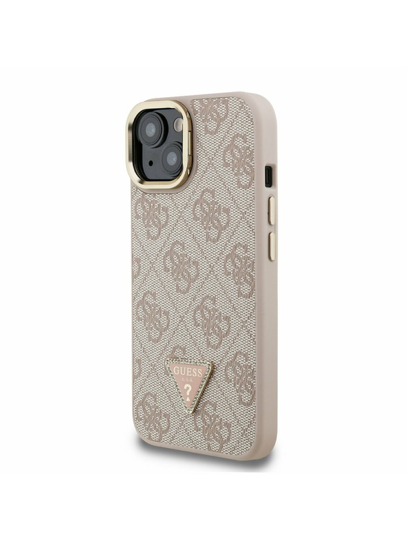 Guess Guess PU 4G Strass Dreiecks-Logo Stand Kamera Rahmen MagSafe Rückseite Hülle für iPhone 15 Pink