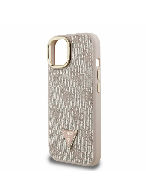 Guess Guess PU 4G Strass Dreiecks-Logo Stand Kamera Rahmen MagSafe Rückseite Hülle für iPhone 15 Pink