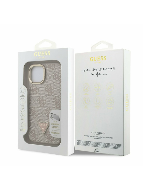 Guess Guess PU 4G Strass Dreiecks-Logo Stand Kamera Rahmen MagSafe Rückseite Hülle für iPhone 15 Pink
