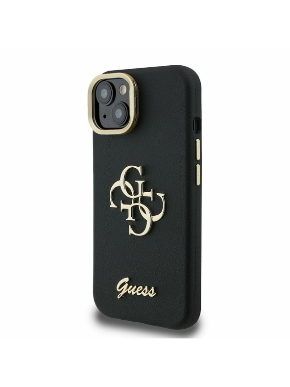 Guess Guess PU Genarbtes 4G Logo Ständer Kamerarahmen Rückseite Hülle für iPhone 15 Schwarz