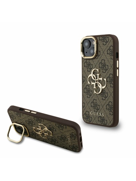 Guess Guess PU 4G Metal Logo Ständer Kamerarahmen Rückseite Hülle für iPhone 15 Braun