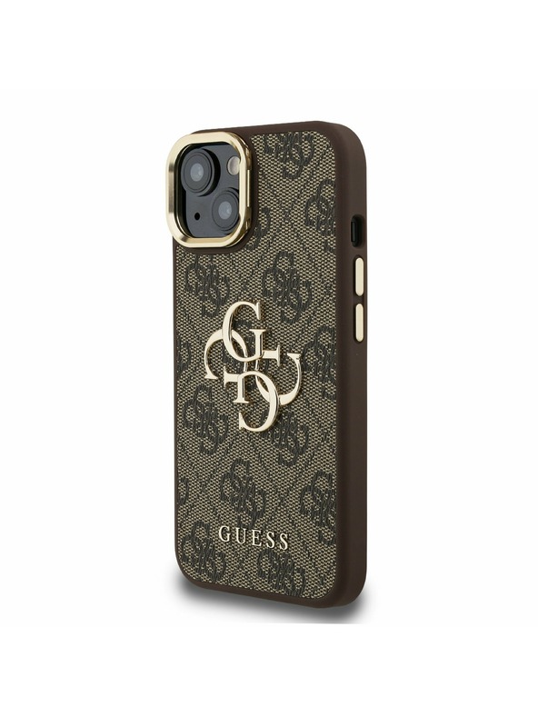 Guess Guess PU 4G Metal Logo Ständer Kamerarahmen Rückseite Hülle für iPhone 15 Braun