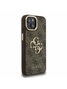 Guess Guess PU 4G Metal Logo Ständer Kamerarahmen Rückseite Hülle für iPhone 15 Braun