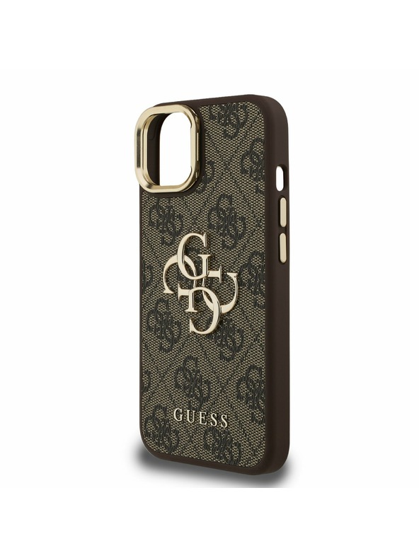 Guess Guess PU 4G Metal Logo Ständer Kamerarahmen Rückseite Hülle für iPhone 15 Braun
