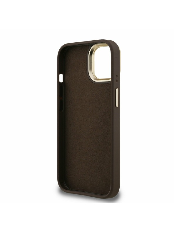 Guess Guess PU 4G Metal Logo Ständer Kamerarahmen Rückseite Hülle für iPhone 15 Braun