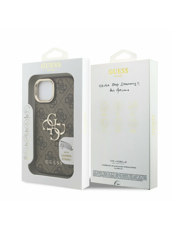 Guess Guess PU 4G Metal Logo Ständer Kamerarahmen Rückseite Hülle für iPhone 15 Braun