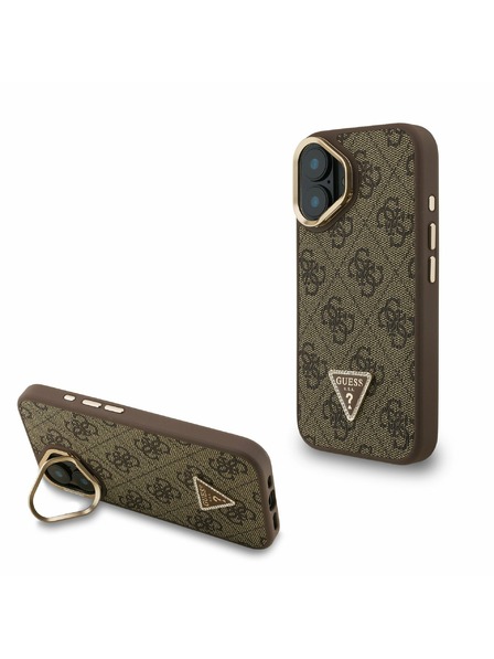 Guess Guess PU 4G Strass Dreieck Logo Ständer Kamerarahmen MagSafe Rückseite Hülle für iPhone 16 Braun