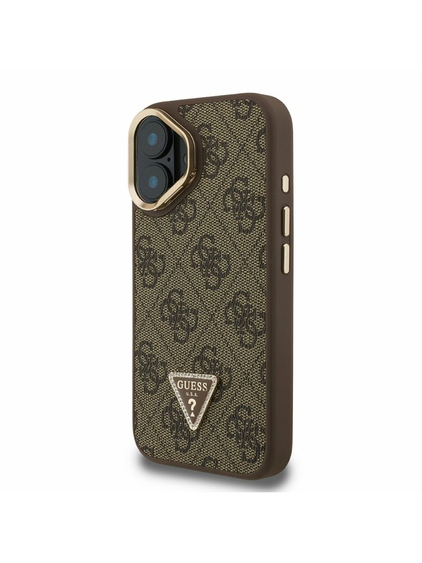 Guess Guess PU 4G Strass Dreieck Logo Ständer Kamerarahmen MagSafe Rückseite Hülle für iPhone 16 Braun