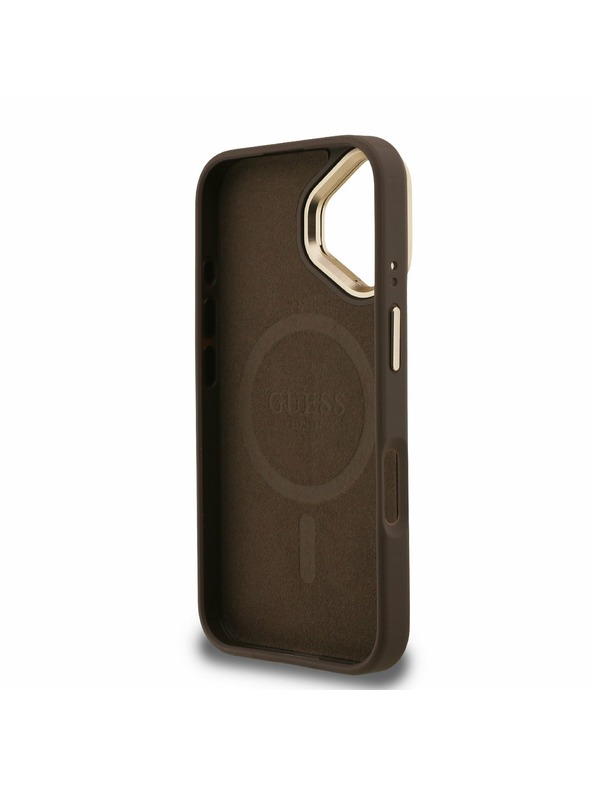 Guess Guess PU 4G Strass Dreieck Logo Ständer Kamerarahmen MagSafe Rückseite Hülle für iPhone 16 Braun