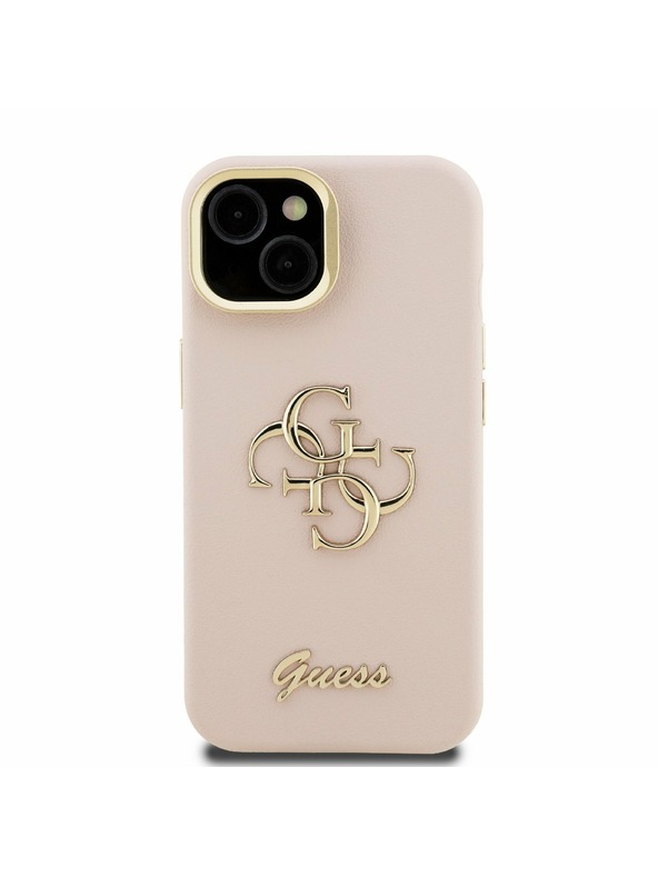 Guess Guess PU Genarbtes 4G Logo Ständer Kamerarahmen Rückseite Hülle für iPhone 15 Pink