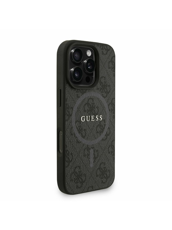 Guess Guess PU Leder 4G Farbiger Ring Strap MagSafe Rückseite Hülle für iPhone 16 Pro Schwarz