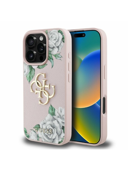 Guess Guess PU Genarbte Rosen 4G Metal Logo Rückseite Hülle für iPhone 16 Pro Pink