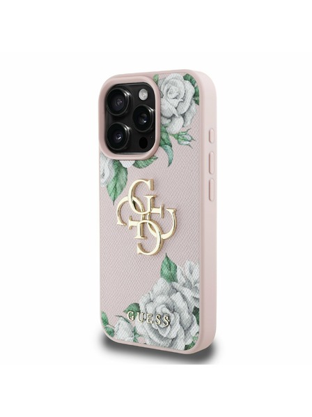 Guess Guess PU Genarbte Rosen 4G Metal Logo Rückseite Hülle für iPhone 16 Pro Pink