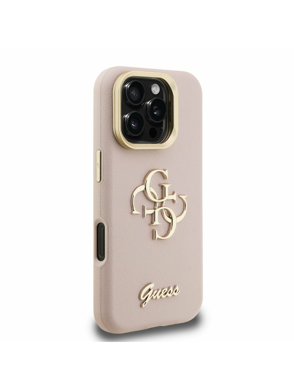 Guess Guess PU Genarbtes 4G Logo Ständer Kamerarahmen Rückseite Hülle für iPhone 16 Pro Pink