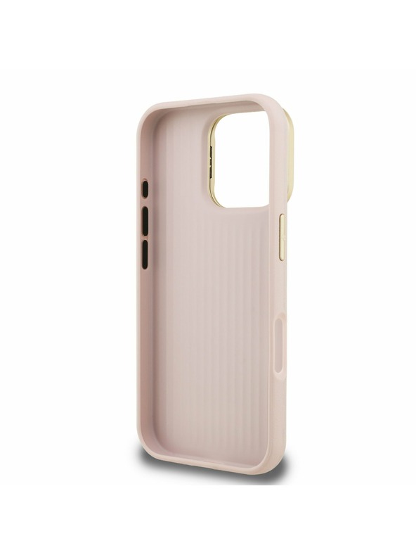 Guess Guess PU Genarbtes 4G Logo Ständer Kamerarahmen Rückseite Hülle für iPhone 16 Pro Pink