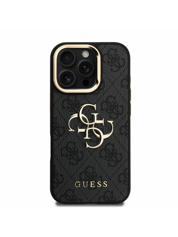 Guess Guess PU 4G Metal Logo Ständer Kamerarahmen Rückseite Hülle für iPhone 16 Pro Max Schwarz
