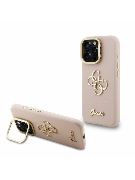 Guess Guess PU Genarbtes 4G Logo Ständer Kamerarahmen Rückseite Hülle für iPhone 15 Pro Pink