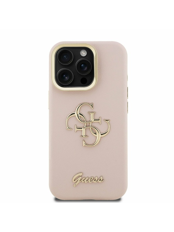 Guess Guess PU Genarbtes 4G Logo Ständer Kamerarahmen Rückseite Hülle für iPhone 15 Pro Pink