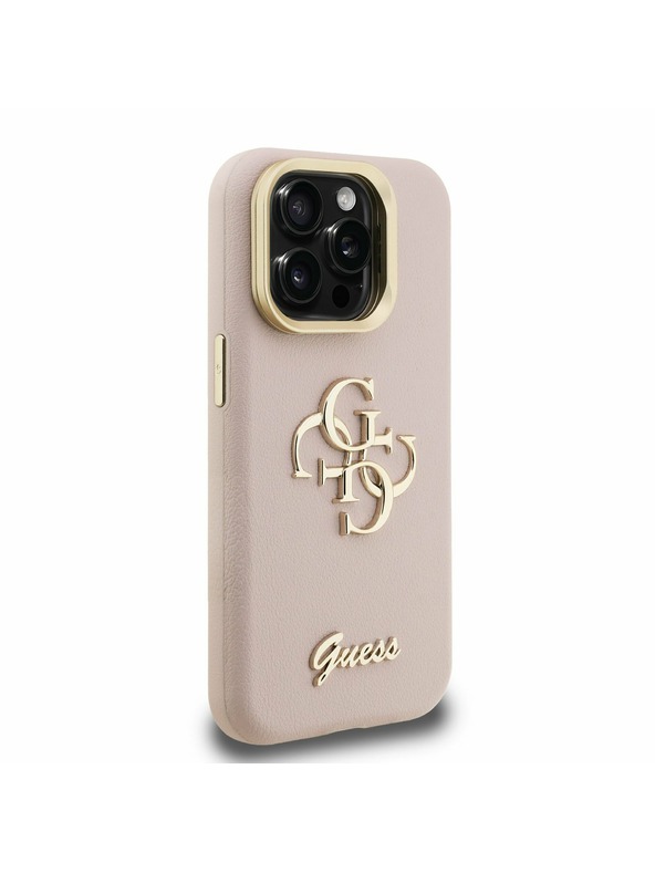 Guess Guess PU Genarbtes 4G Logo Ständer Kamerarahmen Rückseite Hülle für iPhone 15 Pro Pink