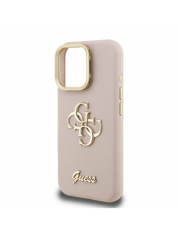 Guess Guess PU Genarbtes 4G Logo Ständer Kamerarahmen Rückseite Hülle für iPhone 15 Pro Pink