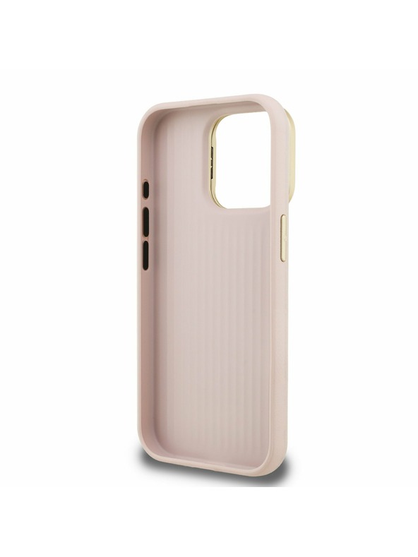 Guess Guess PU Genarbtes 4G Logo Ständer Kamerarahmen Rückseite Hülle für iPhone 15 Pro Pink