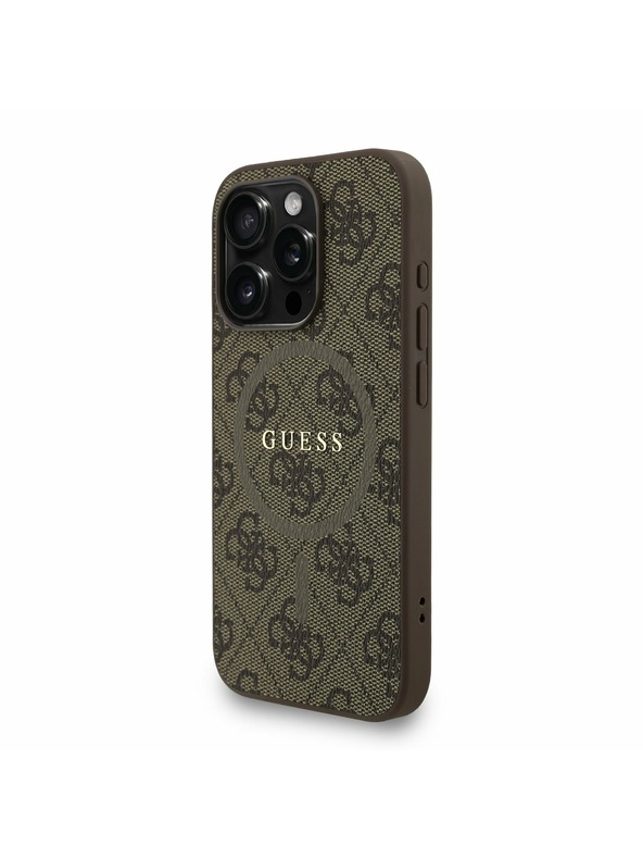 Guess Guess PU Leder 4G Farbiger Ring Strap MagSafe Rückseite Hülle für iPhone 15 Pro Max Braun