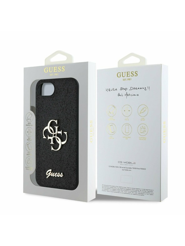 Guess Guess PU Fixed Glitter 4G Metal Logo Rückseite Hülle für iPhone 16e Schwarz